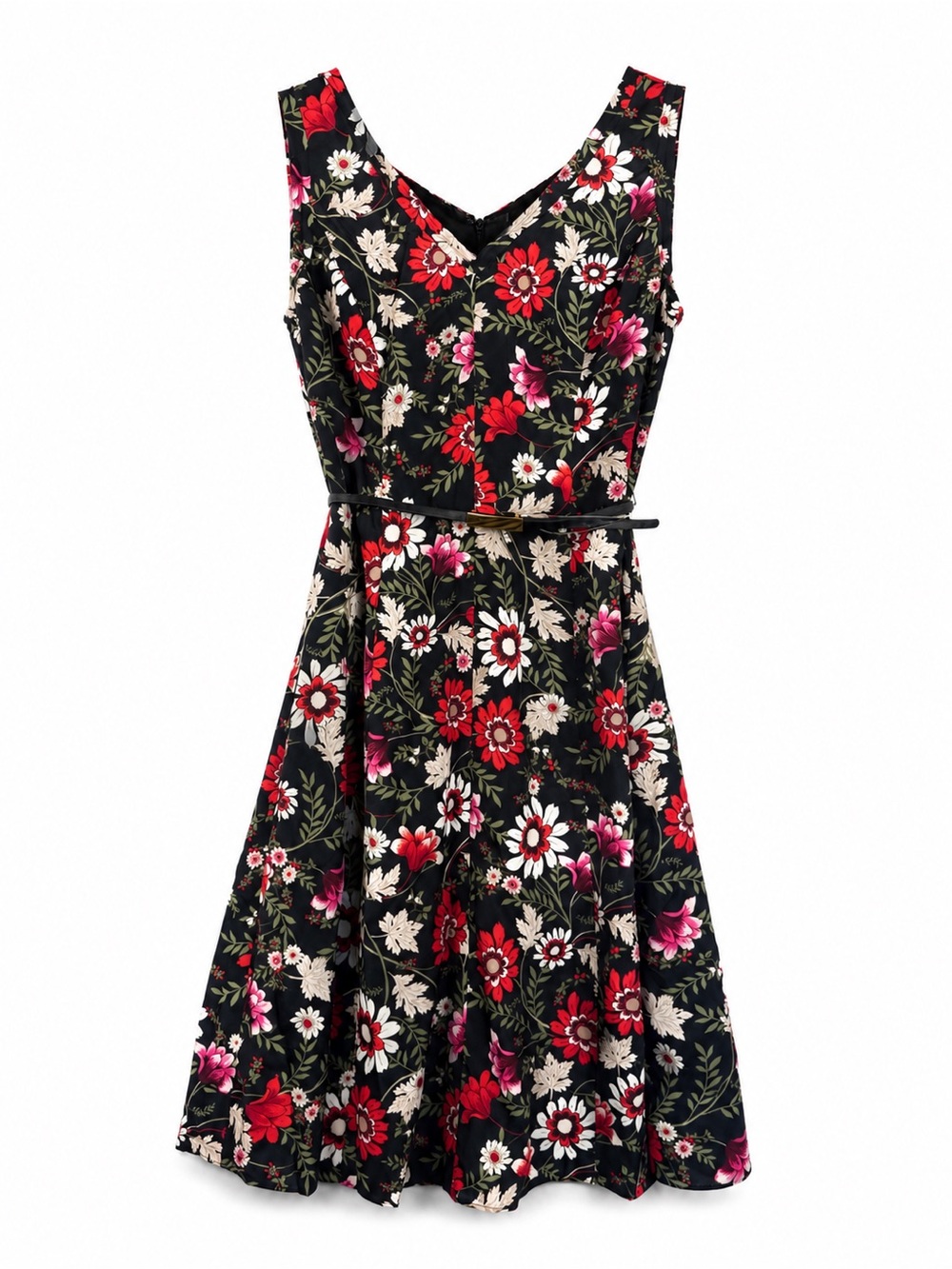 NWT Jones New York Floral Fit & Flare Dress Size 4 Black Belted Midi